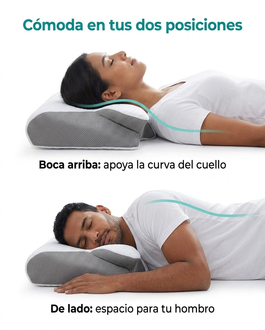 Almohada cómoda boca arriba y de lado, con apoyo para el cuello y espacio para el hombro