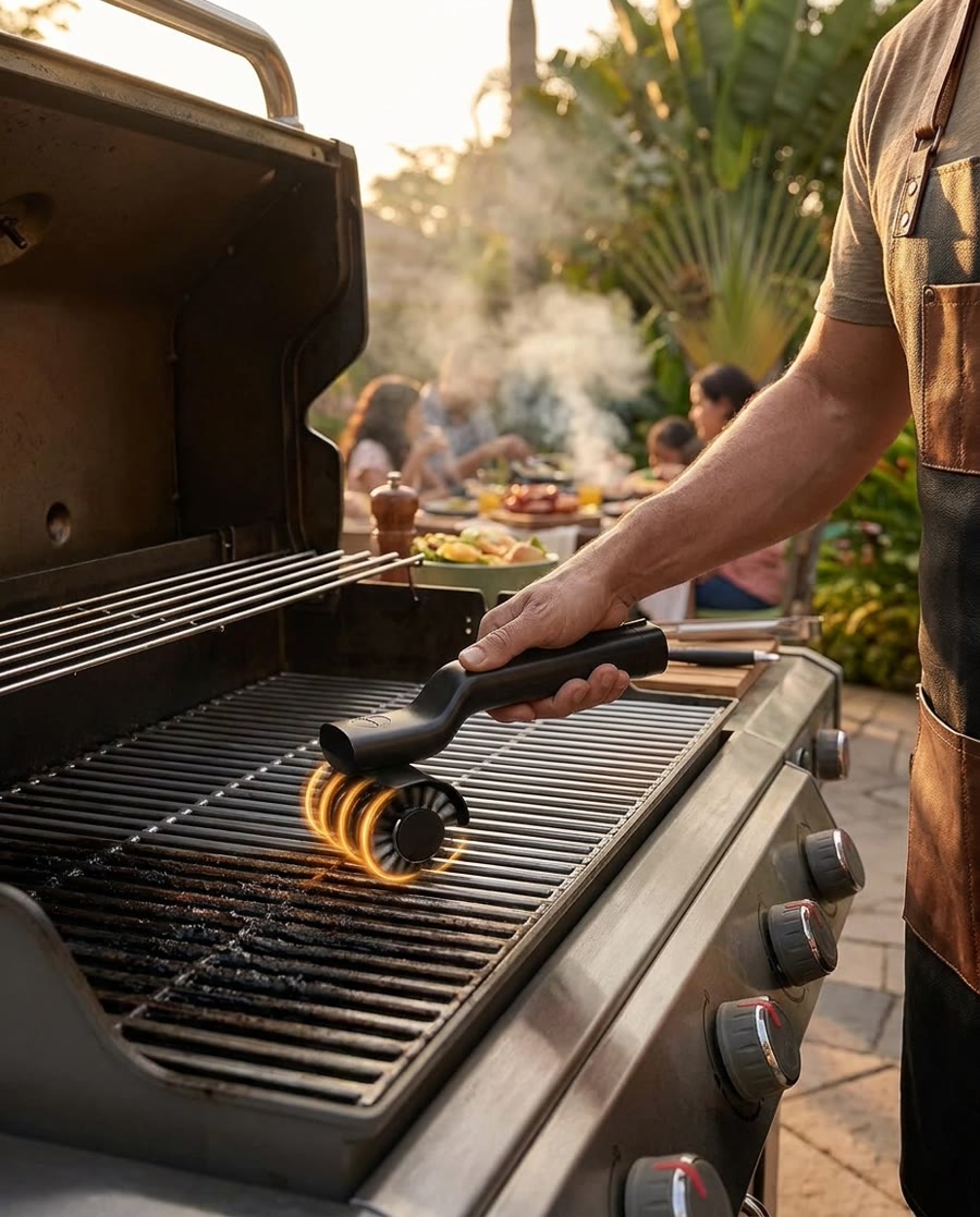 Hombre limpiando la rejilla de la parrilla de gas con el cepillo eléctrico durante un asado familiar