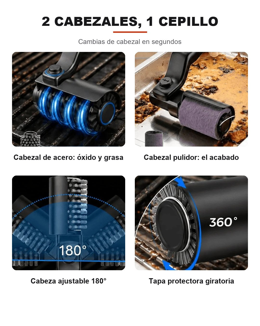 Los dos cabezales intercambiables del cepillo: acero para grasa y óxido, y pulidor para el acabado; cabeza ajustable 180°
