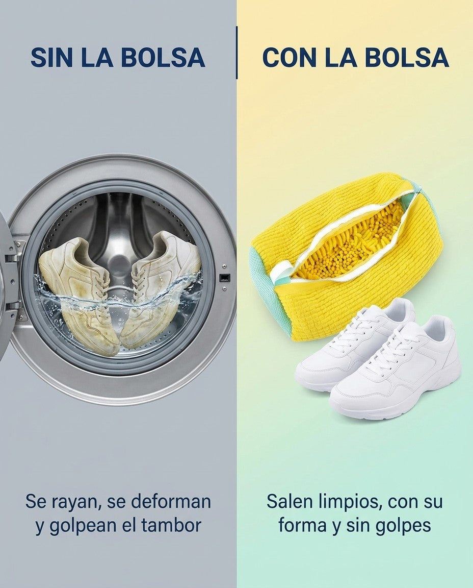 Comparación: sin la bolsa los tenis se rayan y golpean el tambor; con la bolsa salen limpios y con su forma