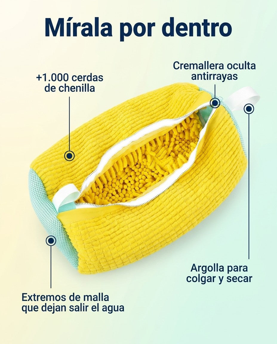 Detalles de la bolsa: +1.000 cerdas de chenilla, cremallera oculta antirrayas, extremos de malla y argolla para colgar
