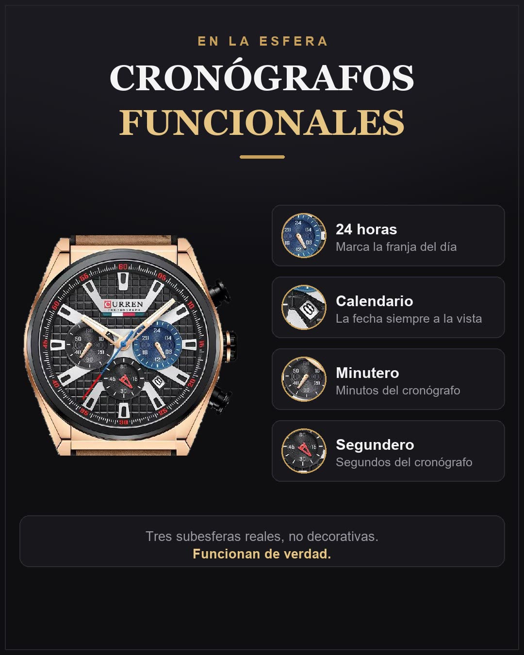 Cronógrafos funcionales del Curren 8392: subesfera de 24 horas, calendario, minutero del cronógrafo y segundero del cronógrafo.