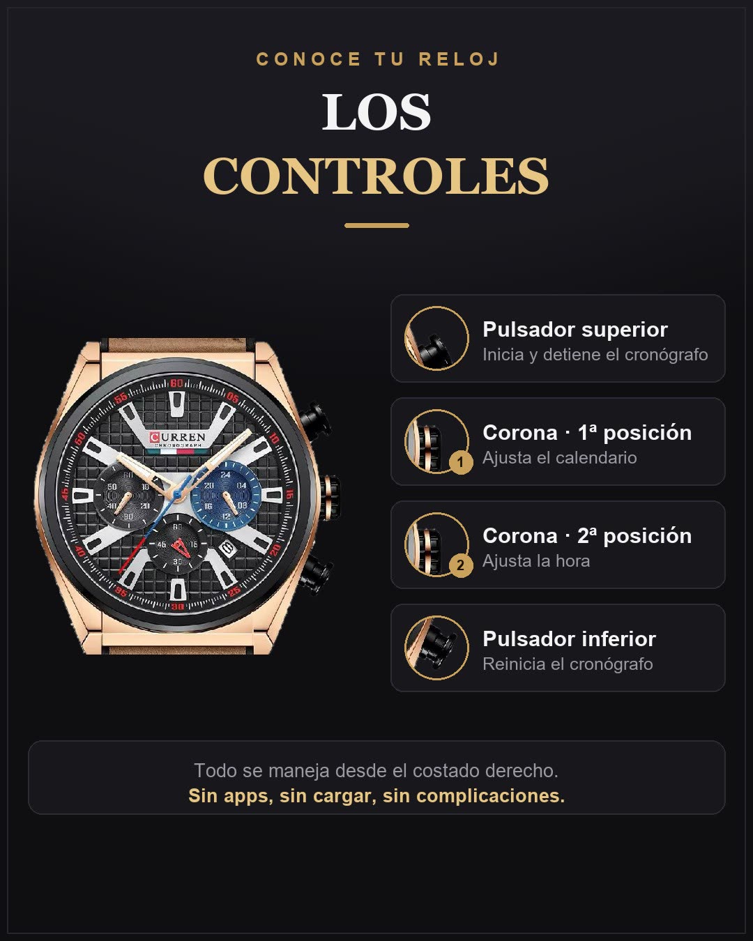 Controles del reloj Curren 8392: el pulsador superior inicia y detiene el cronógrafo, la corona en 1ª posición ajusta el calendario y en 2ª la hora, y el pulsador inferior reinicia el cronógrafo.