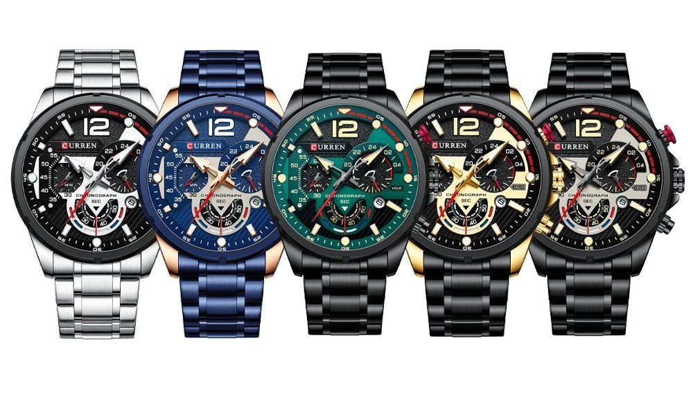Los cinco colores del reloj Curren 8395: plata, azul cobre, negro verde, negro dorado y negro total