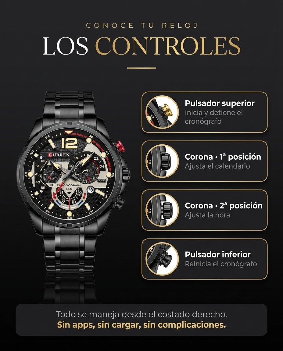 Controles del reloj Curren 8395: el pulsador superior inicia y detiene el cronógrafo, la corona en 1ª posición ajusta el calendario y en 2ª la hora, y el pulsador inferior reinicia el cronógrafo.