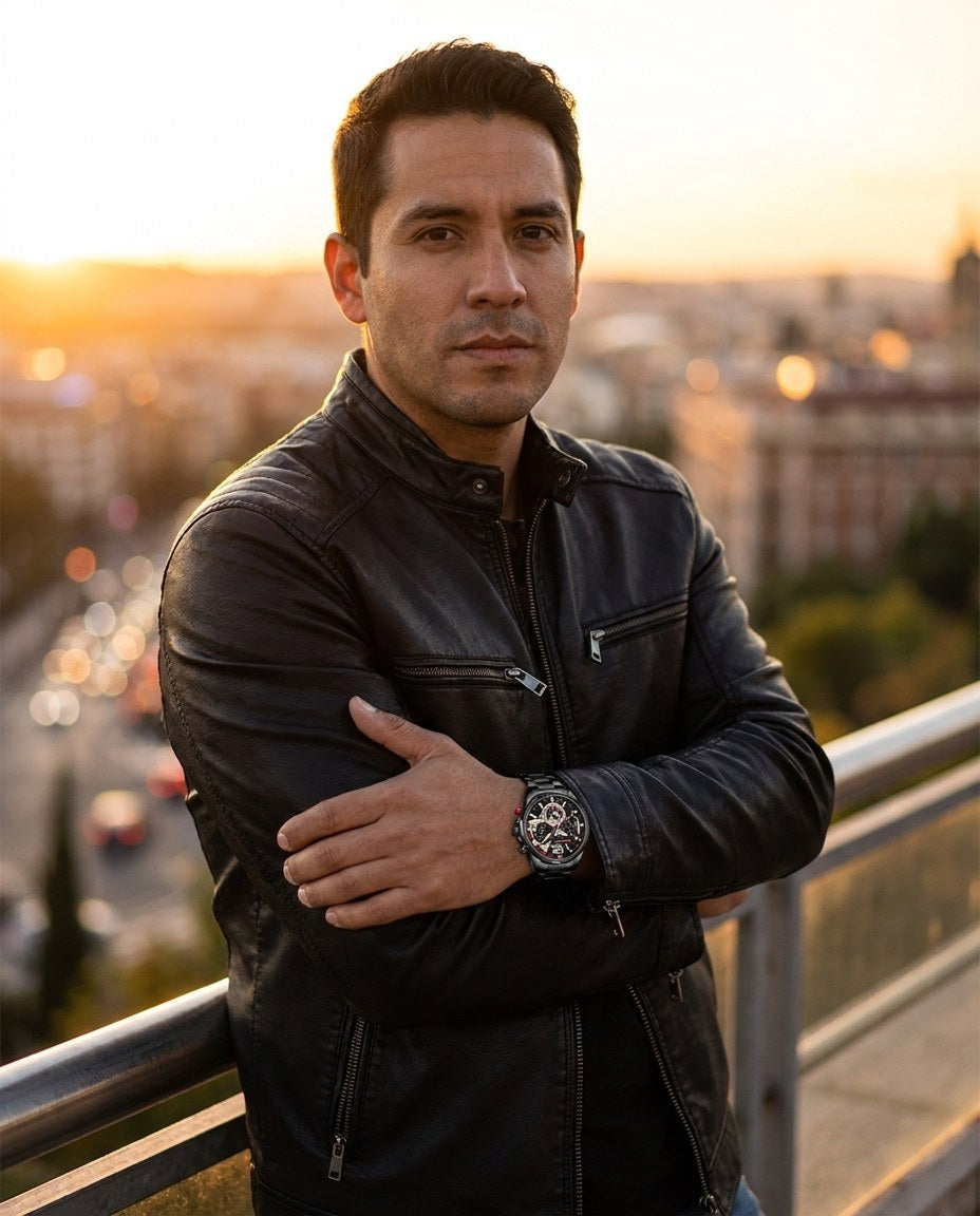 Hombre con chaqueta de cuero en un mirador al atardecer, con el Curren 8395 negro