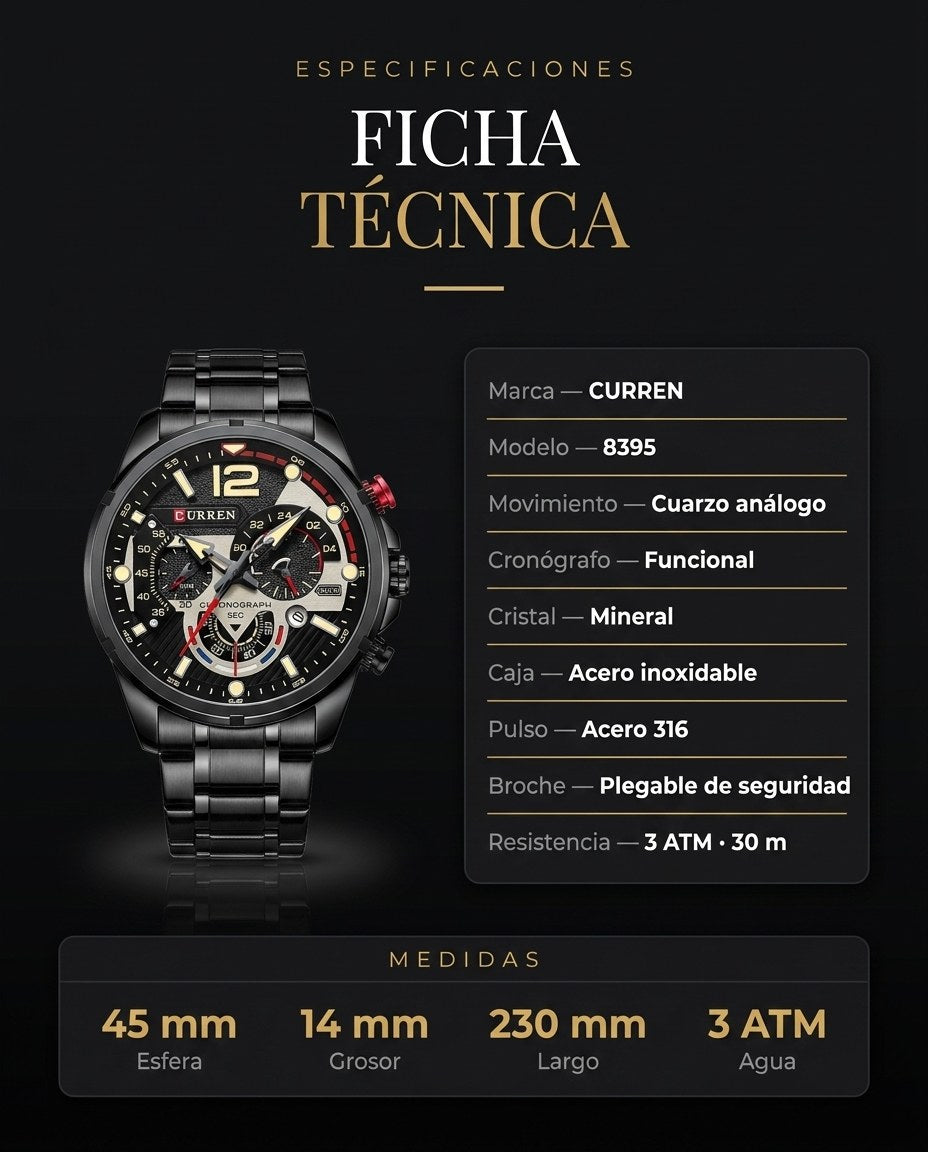 Ficha técnica del reloj Curren 8395: cuarzo análogo, cronógrafo funcional, cristal mineral, caja de acero inoxidable, pulso en acero 316, broche plegable de seguridad, 3 ATM. Esfera 45 mm, grosor 14 mm, largo 230 mm.
