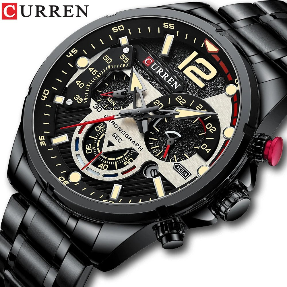 Reloj Curren 8395 negro de frente mostrando la esfera y los cronógrafos