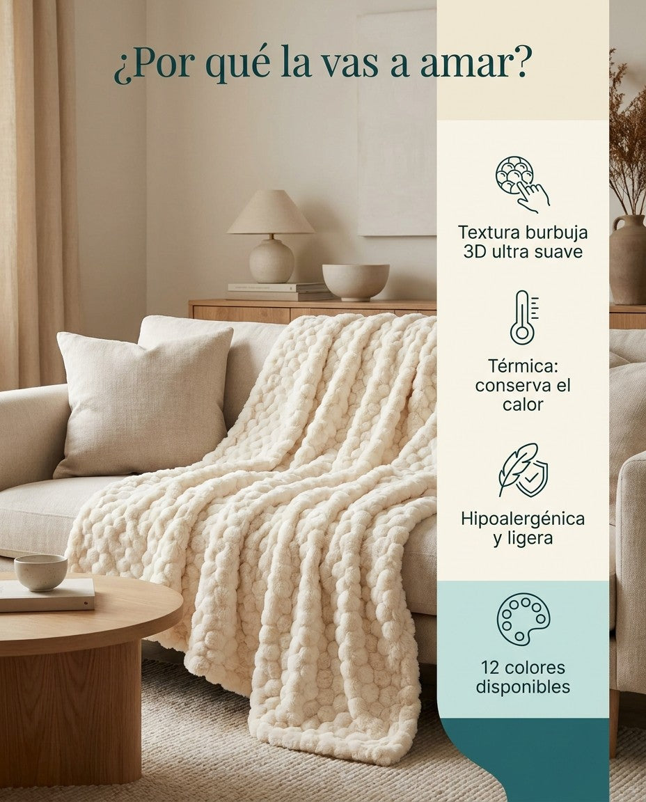 Beneficios: textura burbuja 3D ultra suave, térmica, hipoalergénica y ligera, 12 colores