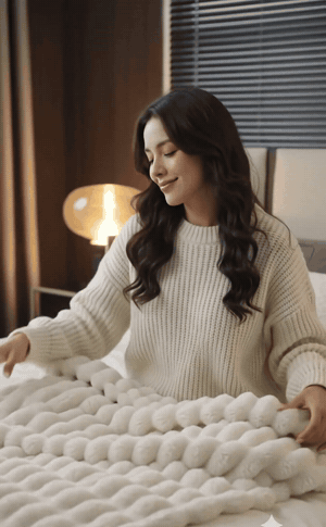 Mujer desplegando la cobija burbuja sobre la cama