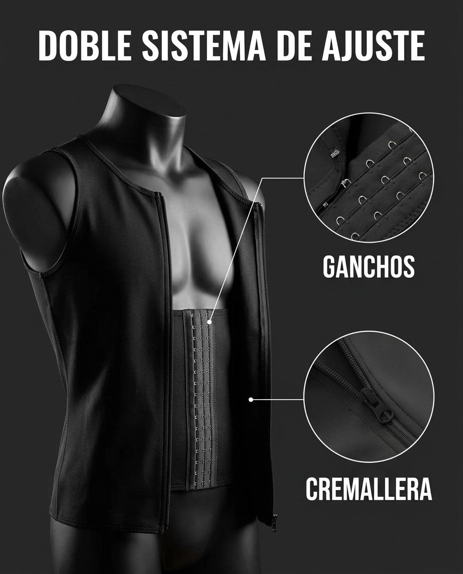 Detalle técnico del doble sistema de ajuste: ganchos de 3 niveles y cierre frontal de cremallera