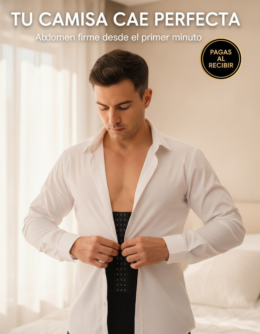 Hombre abotonando su camisa blanca sobre el chaleco de compresión negro