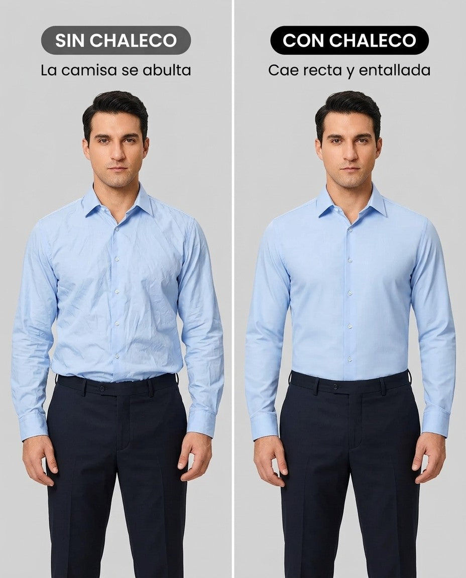 Comparación: sin chaleco la camisa se abulta, con chaleco cae recta y entallada