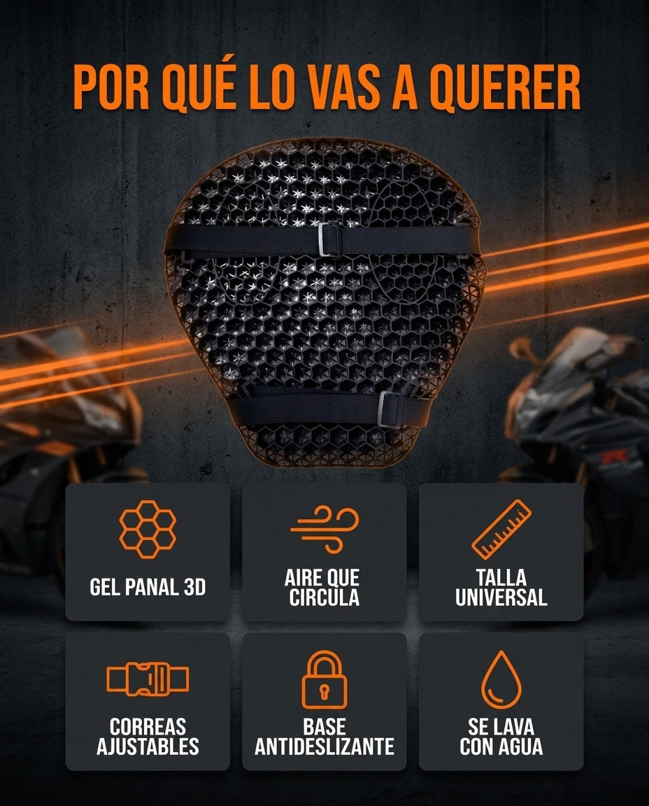 Beneficios del cojín RideGel: gel panal 3D, ventilación, talla universal, correas ajustables, base antideslizante, se lava con agua
