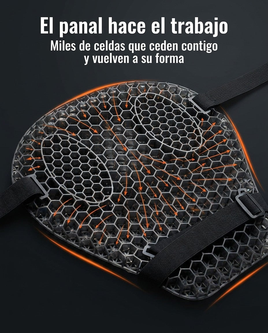 Estructura interna de panal 3D del cojín RideGel que reparte el peso en toda la superficie