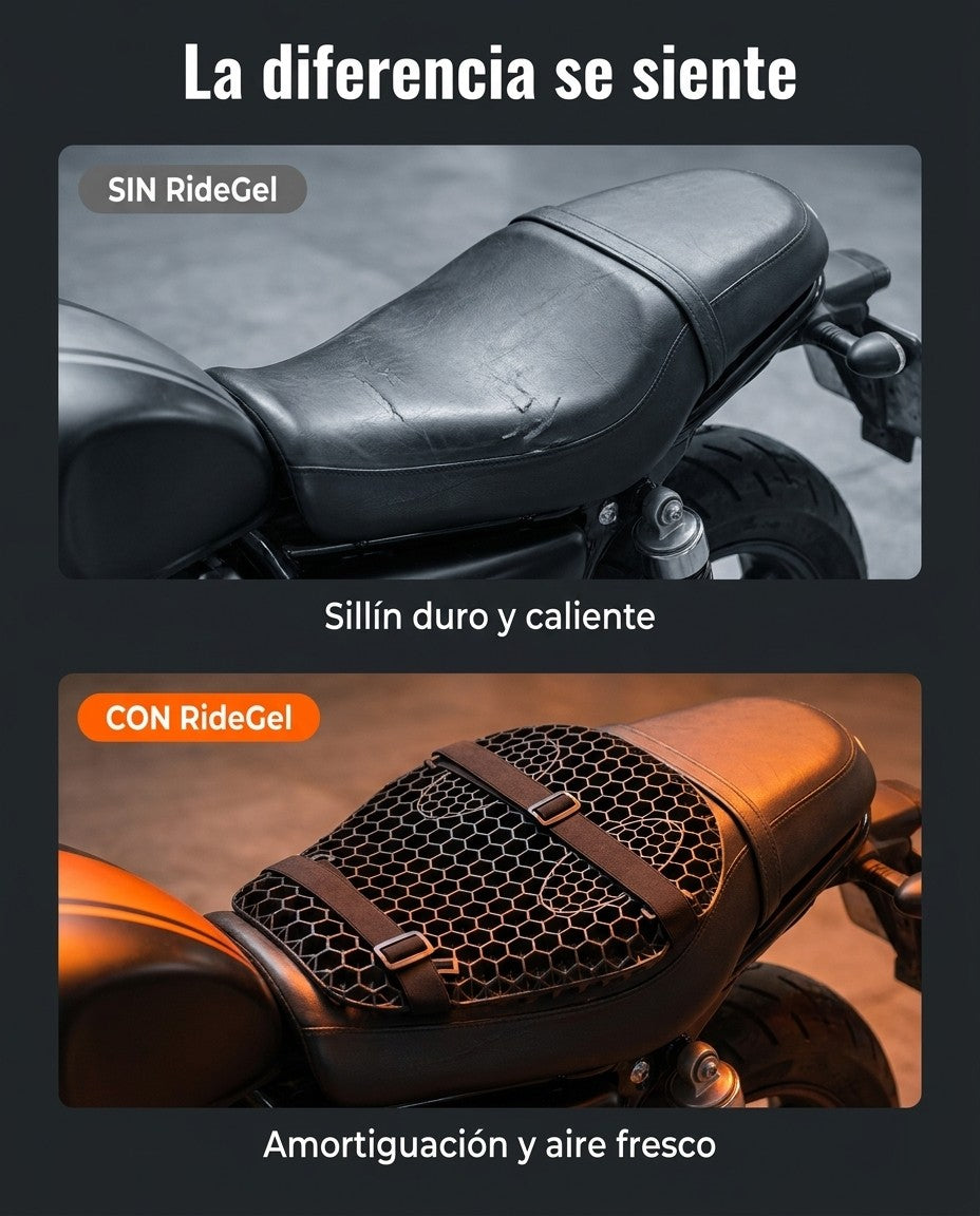 Sin RideGel: sillín duro y caliente. Con RideGel: amortiguación y aire fresco