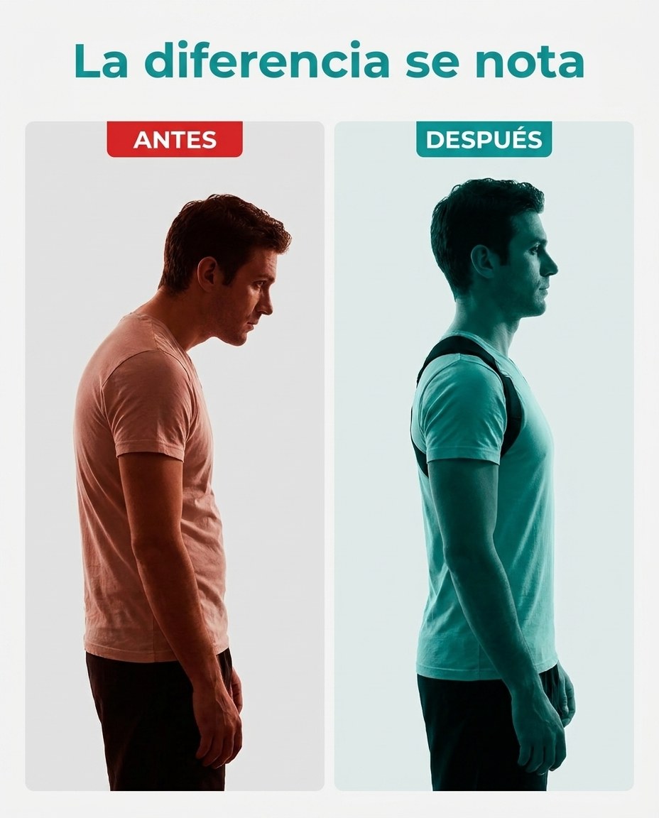 Antes: postura encorvada y hombros caídos. Después: espalda recta y hombros erguidos con el corrector