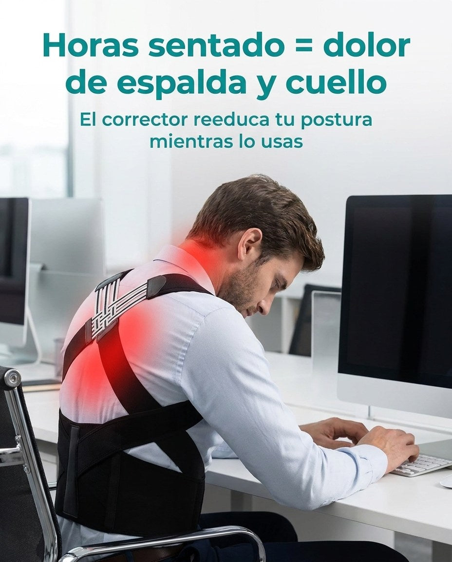 Persona con dolor de espalda y cuello por estar horas encorvada frente al computador