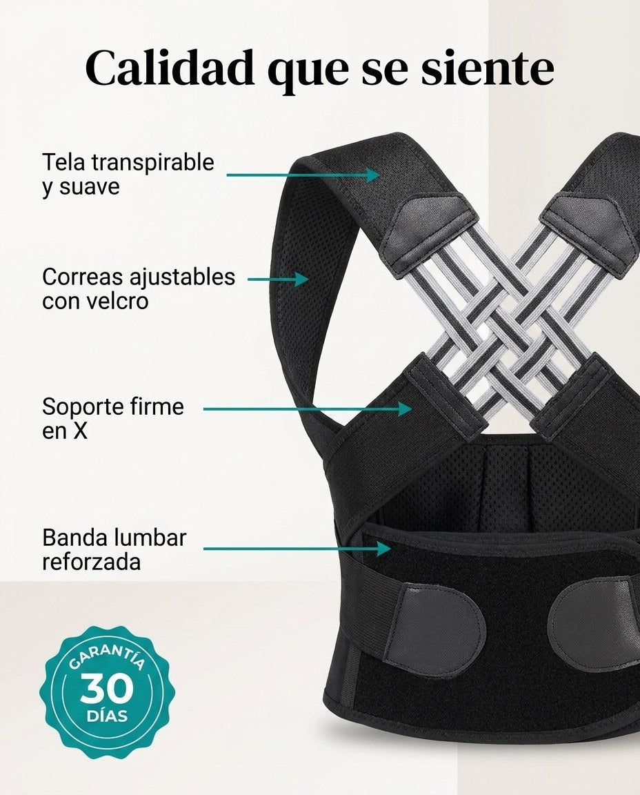 Materiales del corrector: tela transpirable, correas ajustables con velcro, soporte firme en X, banda lumbar reforzada, garantía 30 días