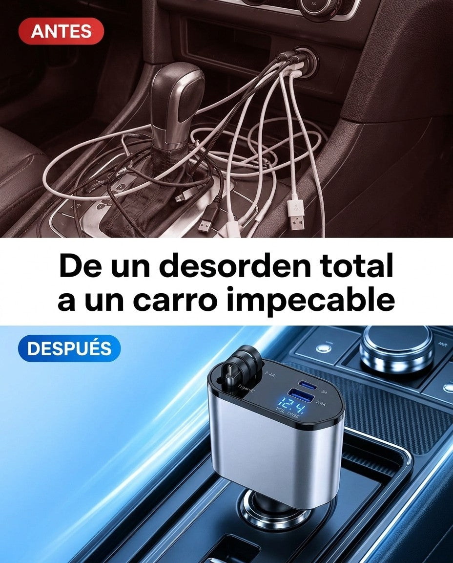 Antes: carro con cables enredados. Después: carro ordenado con el cargador 4 en 1 retráctil