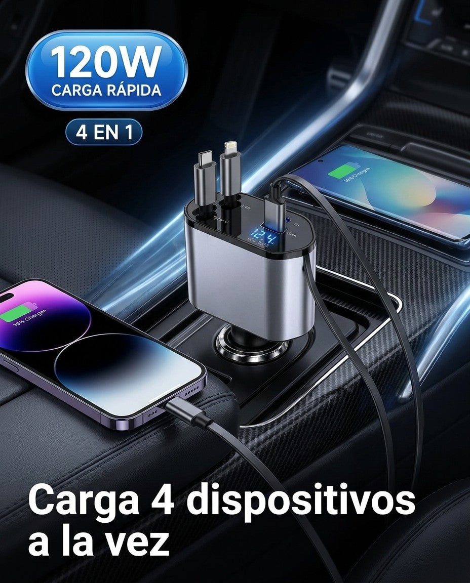 Cargador de carro 4 en 1 retráctil 120W cargando cuatro dispositivos a la vez