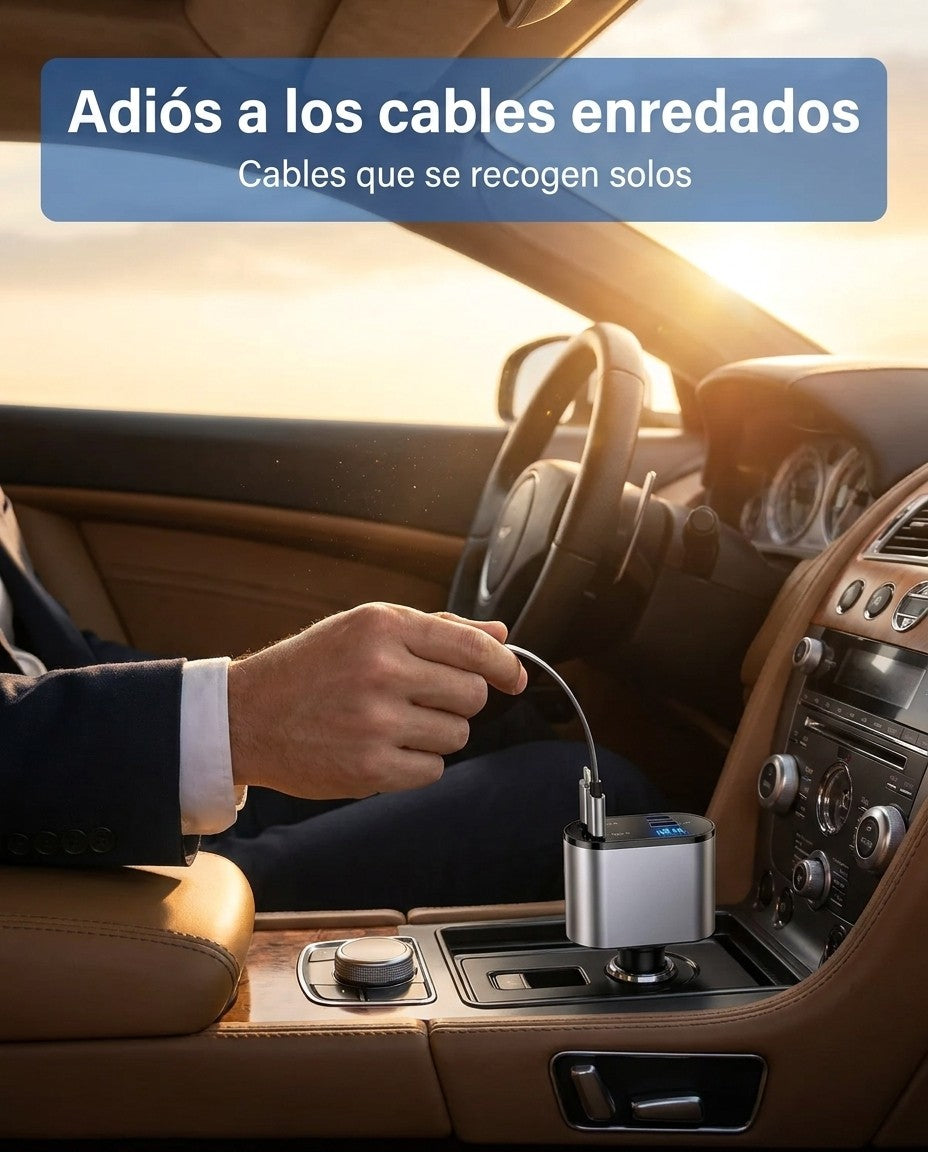 Conductor cargando su celular con el cargador 4 en 1 retráctil, sin cables enredados