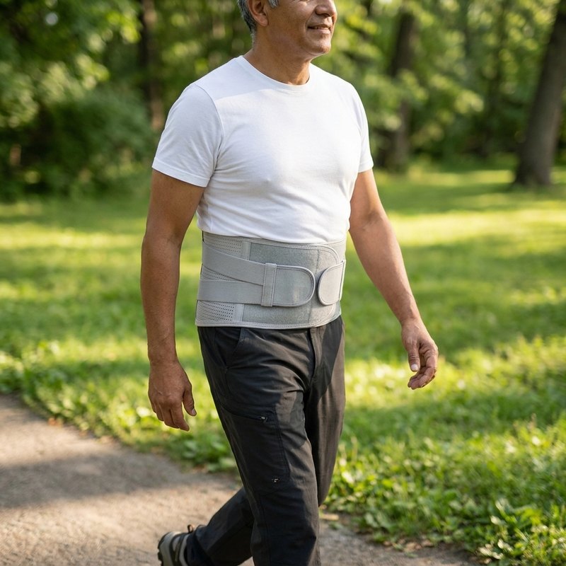 Hombre caminando en el parque con la faja lumbar