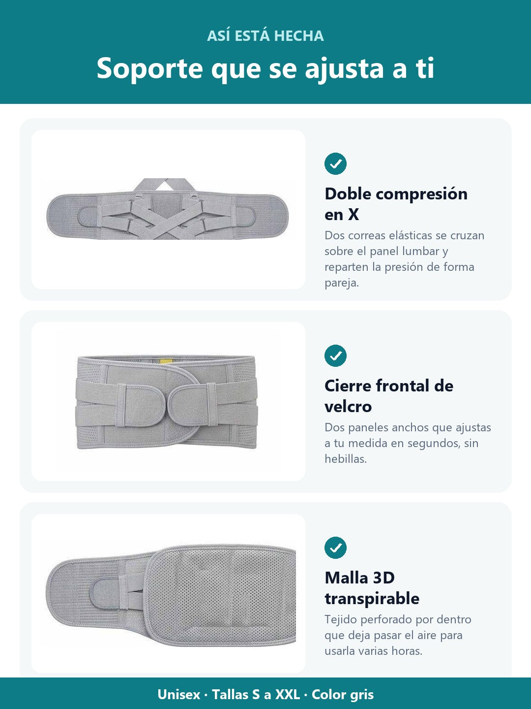 Partes de la faja LUMBRA: doble compresión en X, cierre frontal de velcro y malla 3D transpirable