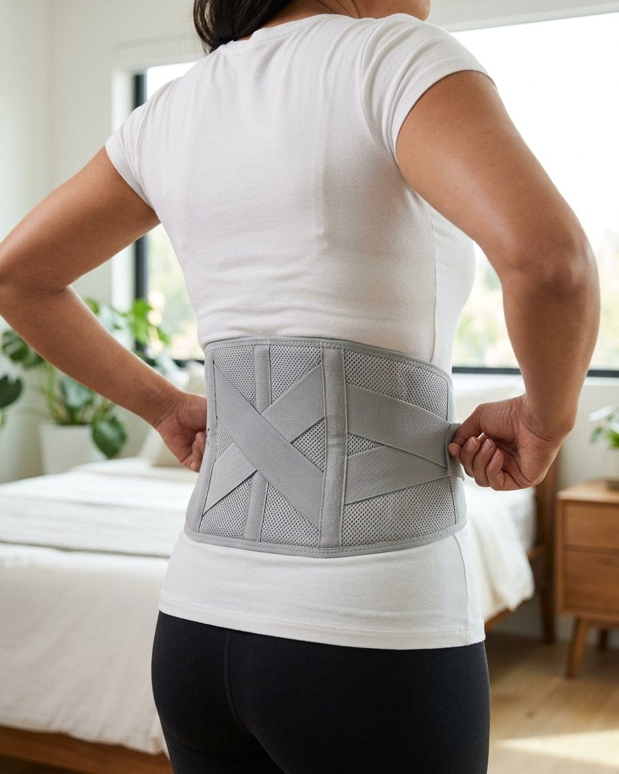 Mujer ajustándose las bandas laterales de la faja lumbar gris, vista de espalda
