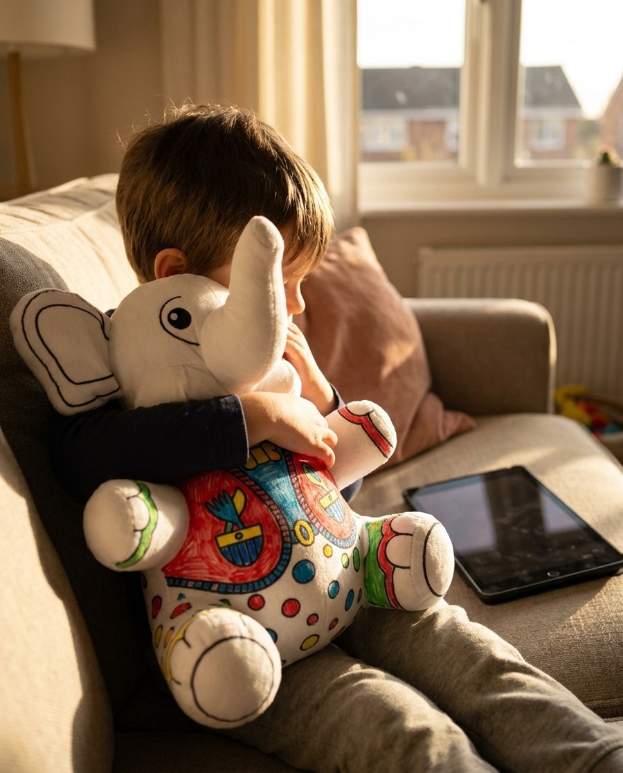 Niño abrazando en el sofá su peluche de elefante coloreado, con la tablet apagada a un lado