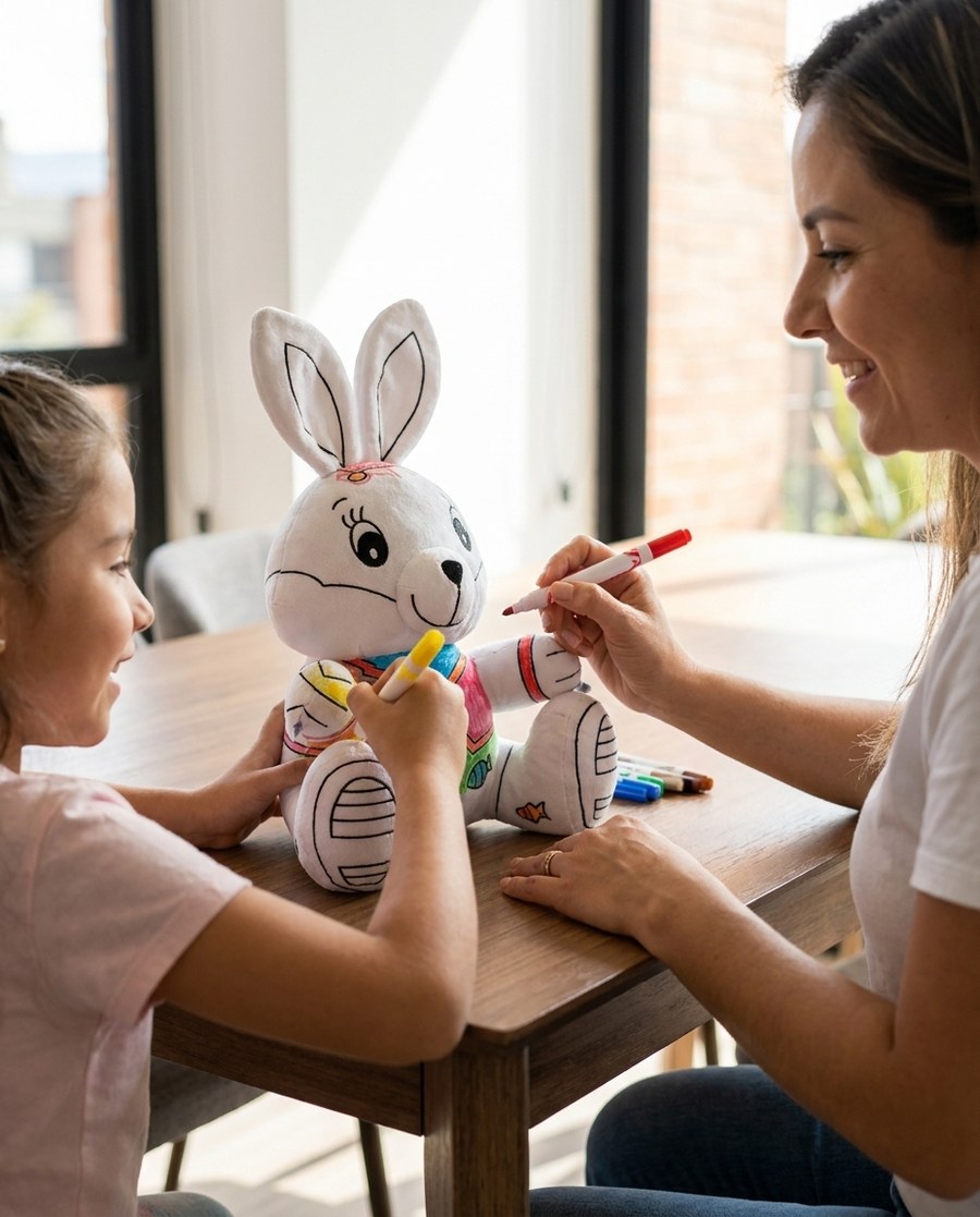 Mamá e hija coloreando juntas un peluche de conejo en la mesa del comedor