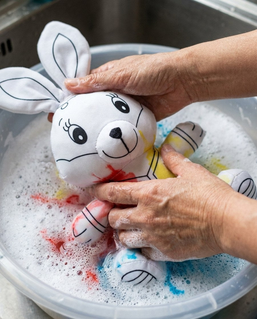 Manos lavando en un platón con agua y jabón un peluche de conejo coloreado