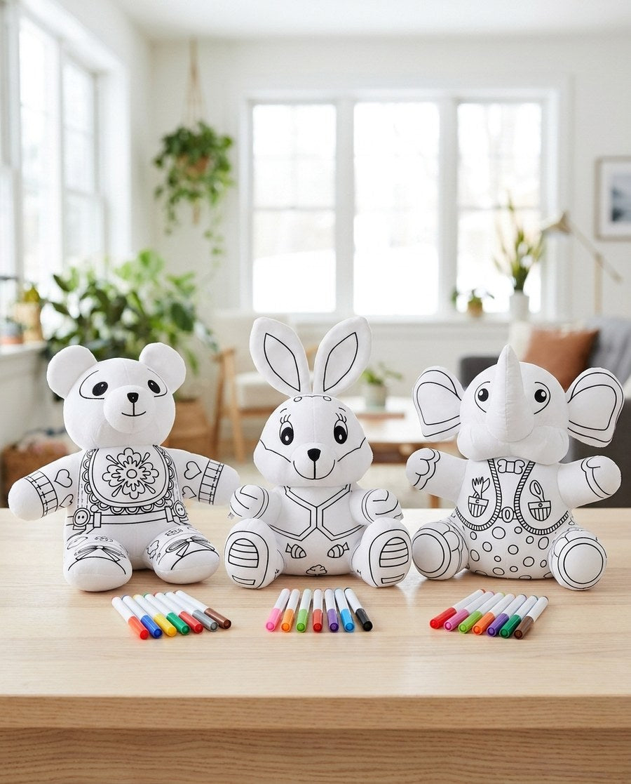 Peluches para colorear de oso, conejo y elefante con sus marcadores de colores