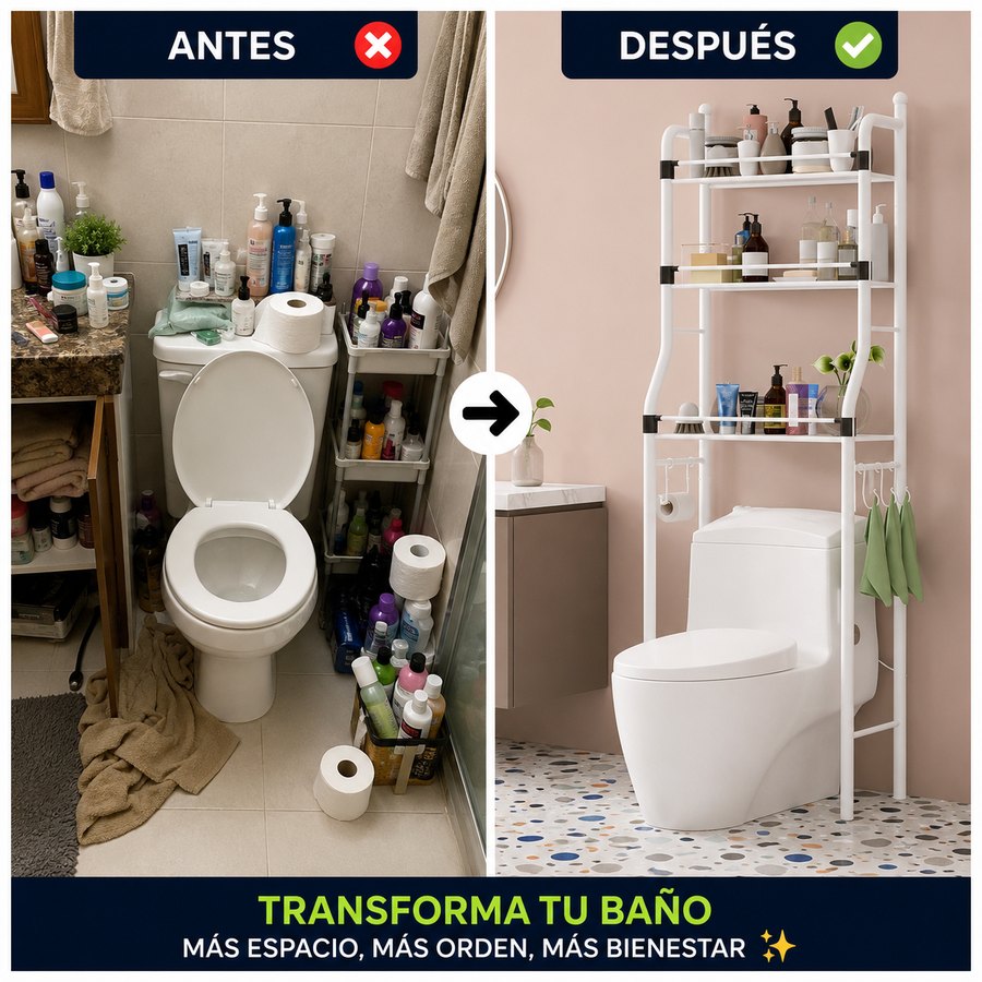 Antes y después: baño desordenado y el mismo baño con el estante sobre el sanitario
