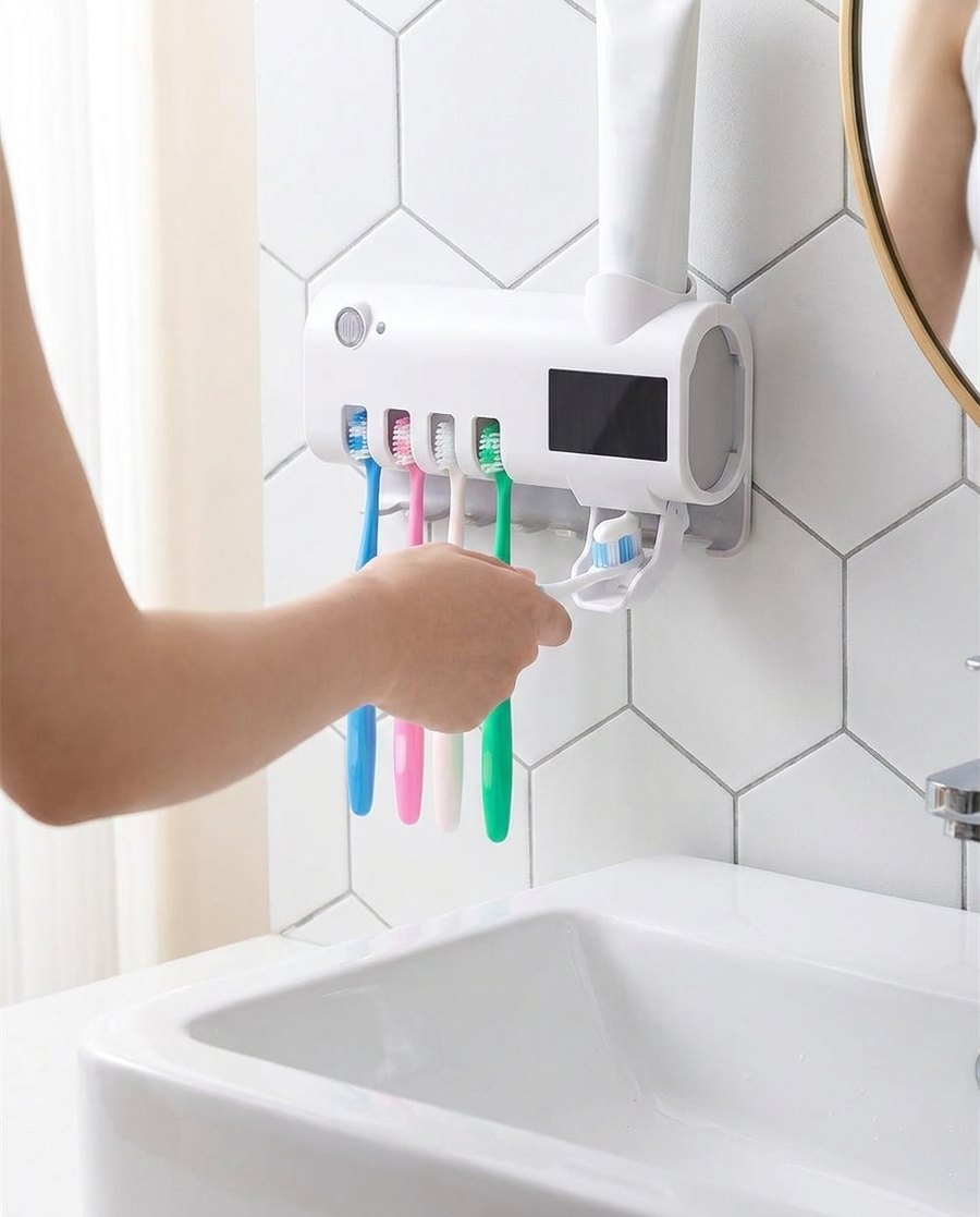 Mano presionando el cepillo contra el dispensador de crema dental en la pared del baño