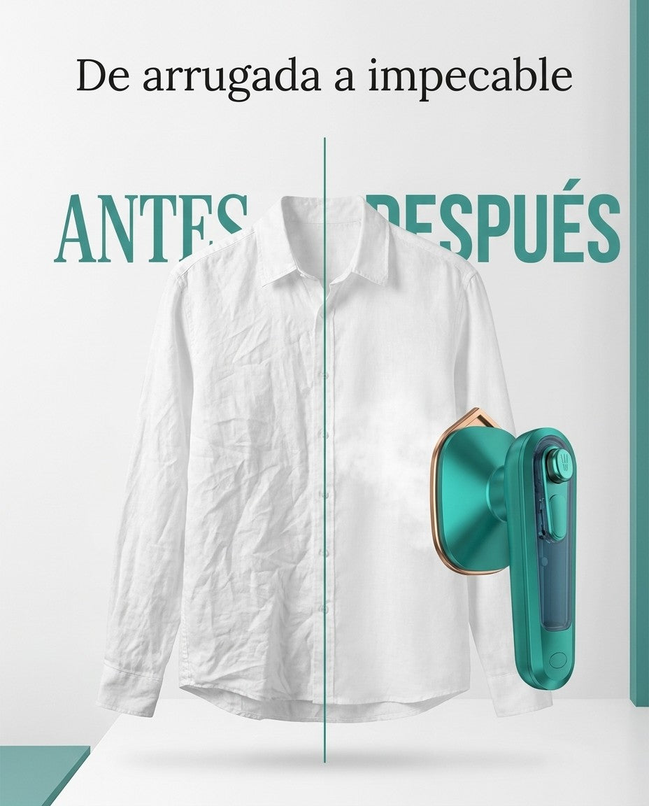 Antes: camisa arrugada. Después: camisa perfectamente lisa con la mini plancha de vapor