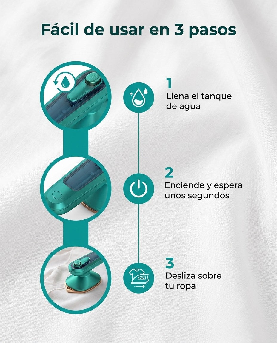 Cómo usar la mini plancha de vapor en 3 pasos: llena el tanque, enciende y espera, desliza sobre la ropa