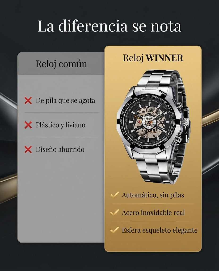 Comparación: reloj común de pila vs reloj Winner automático de acero con esfera esqueleto