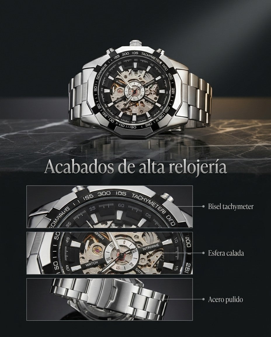 Acabados del reloj Winner: bisel tachymeter, esfera calada y correa de acero pulido