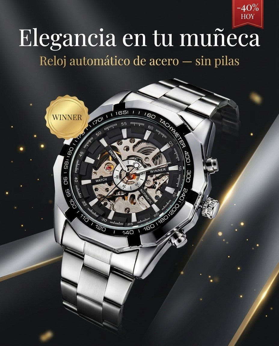 Reloj Winner automático skeleton en acero plateado con esfera negra calada