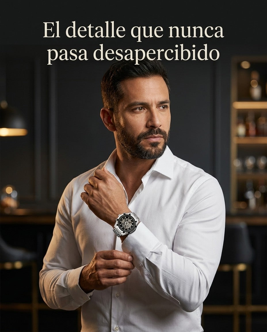 Hombre elegante ajustando el puño de su camisa luciendo el reloj Winner en acero