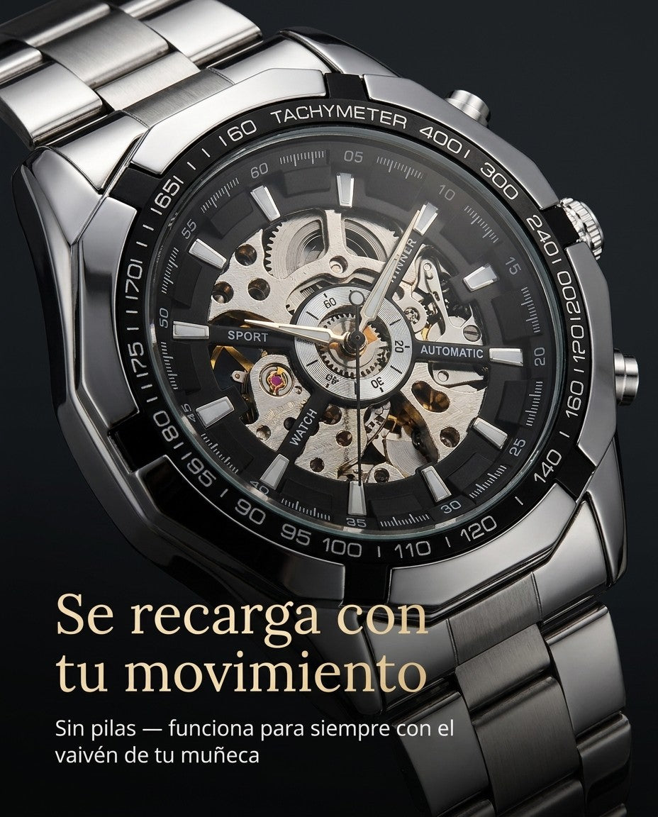 Primer plano del movimiento automático visible a través de la esfera esqueleto del reloj Winner