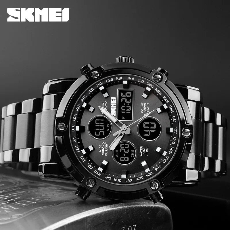 Reloj SKMEI 1389 negro total sobre superficie oscura