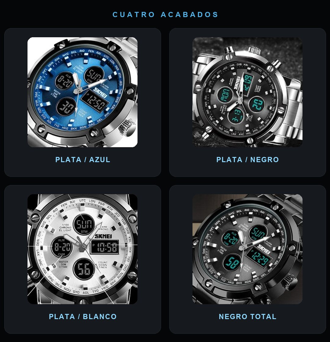 Los cuatro acabados del reloj SKMEI 1389: plata con esfera azul, plata con esfera negra, plata con esfera blanca y negro total