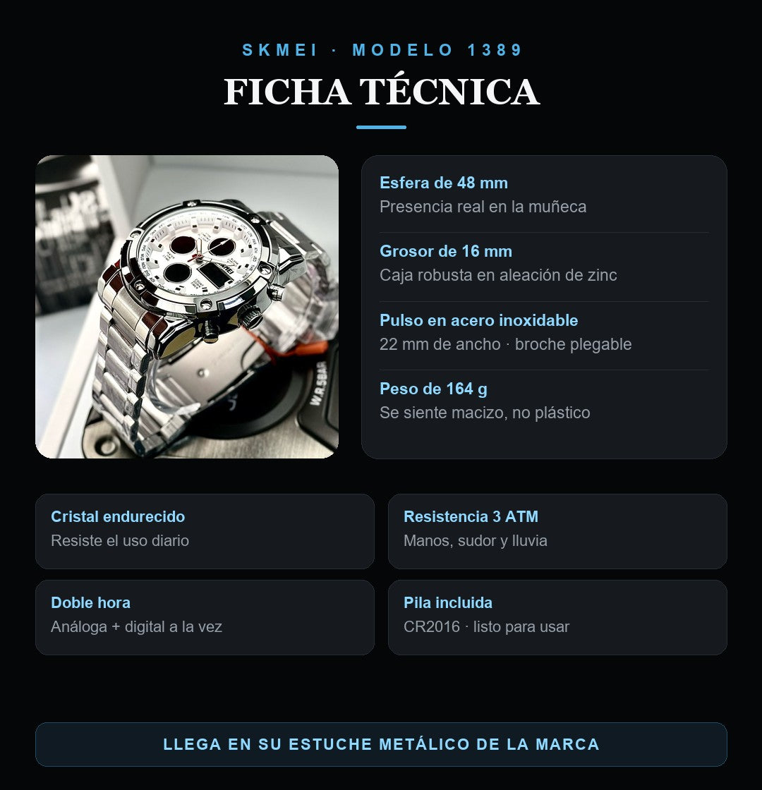 Ficha técnica del reloj SKMEI 1389: esfera de 48 mm, grosor de 16 mm, pulso en acero inoxidable de 22 mm con broche plegable, peso de 164 g, cristal endurecido, resistencia 3 ATM, doble hora análoga y digital, pila CR2016 incluida.