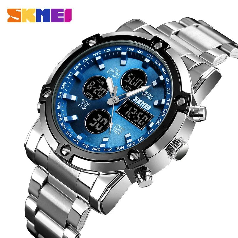 Reloj SKMEI 1389 plata con esfera azul de frente