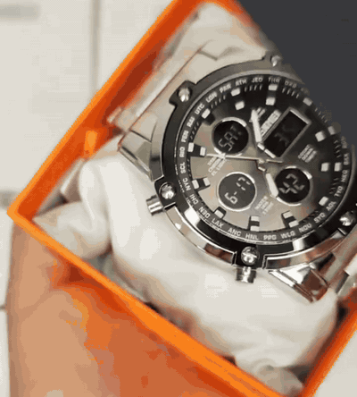 Se abre la caja del reloj SKMEI 1389 y aparece el reloj sobre su cojín