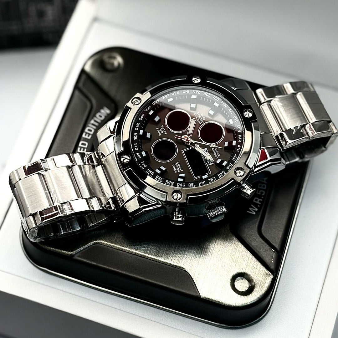 Reloj SKMEI 1389 plata sobre su estuche de regalo