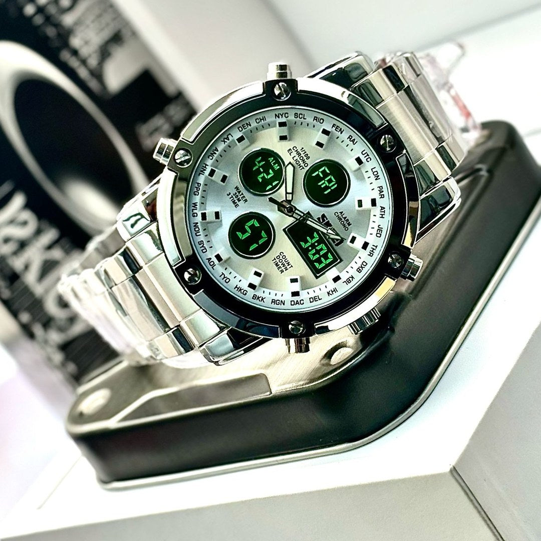 Reloj SKMEI 1389 con la luz EL encendida iluminando toda la esfera en verde
