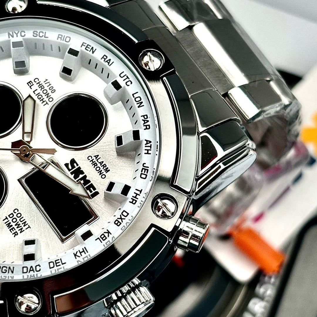 Perfil del reloj SKMEI 1389 mostrando la caja de 16 mm y el pulso de acero
